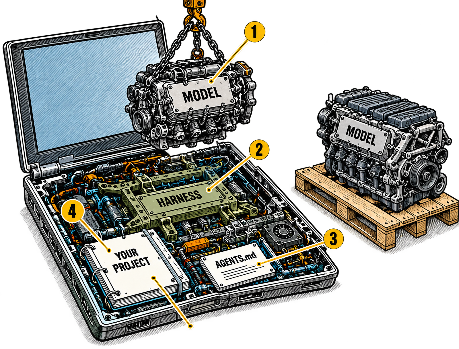 A workshop-manual cutaway of a laptop opened like an engine bay. A chain hoist lifts out an engine block stencilled Model while a second Model waits on a pallet; the green Harness chassis, an AGENTS.md card and a binder marked Your Project stay bolted in place.