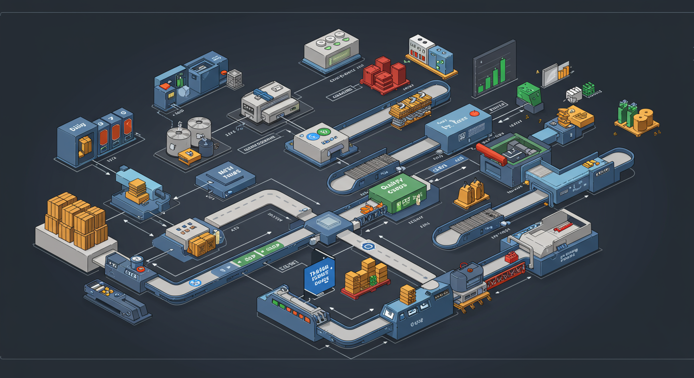 Diagram illustrating a complex system like a factory or logistics network, suitable for simulation.
