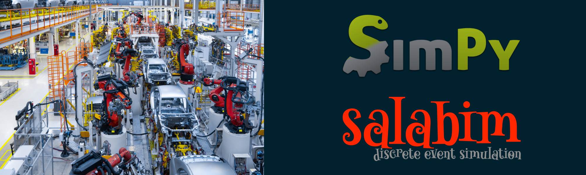 A factory assembly line with cars, next to the SimPy and salabim logos.