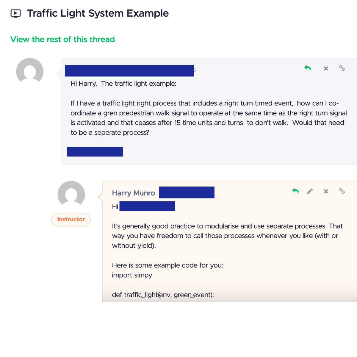 Example of School of Simulation students-only community forum interaction